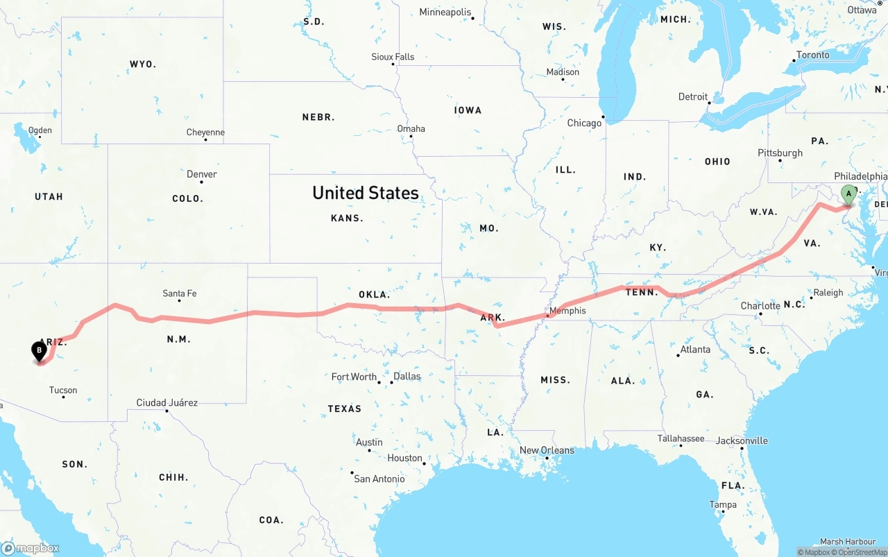 Shipping route from Washington D.C. to Phoenix Sky Harbor International Airport