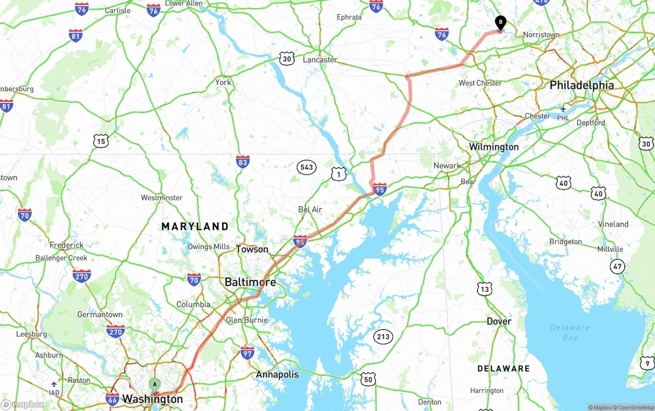 Shipping route from Washington D.C. to Phoenix