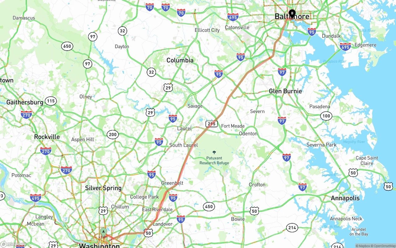 Shipping route from Washington D.C. to Port of Baltimore