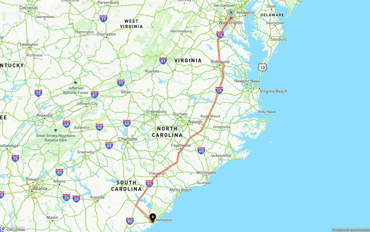 Shipping route from Washington D.C. to Port of Charleston