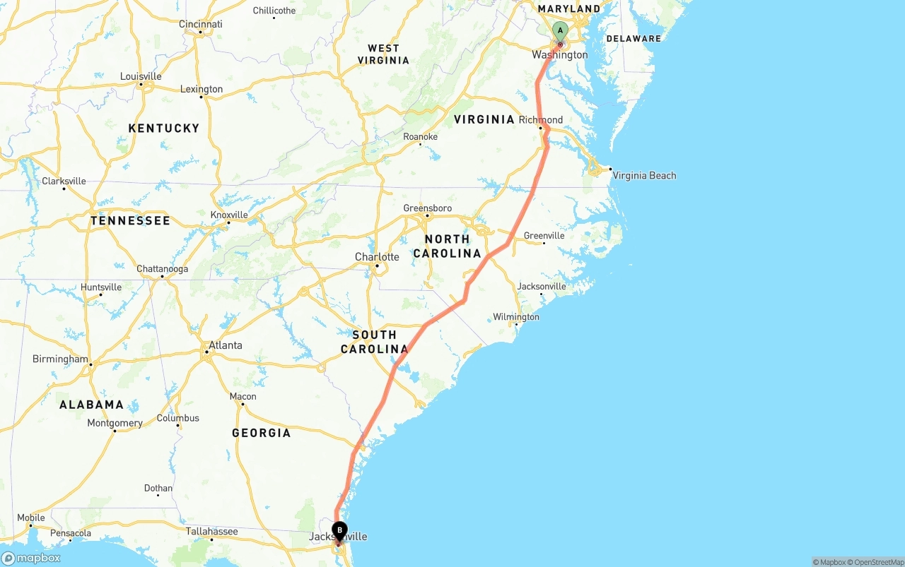 Shipping route from Washington D.C. to Port of Jacksonville