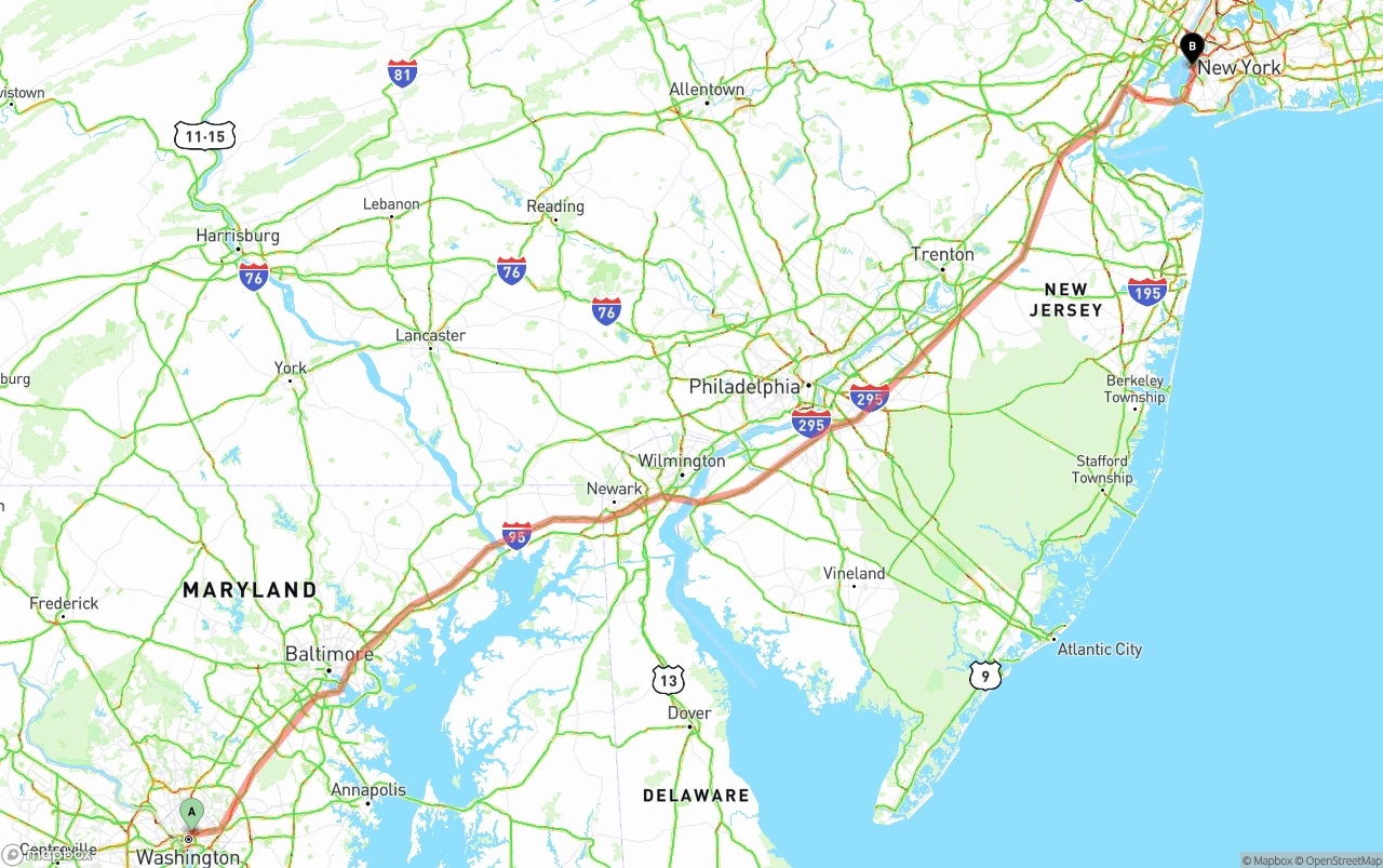 Shipping route from Washington D.C. to Port of New York