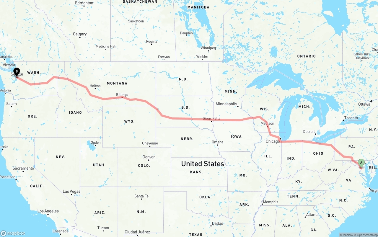 Shipping route from Washington D.C. to Port of Seattle