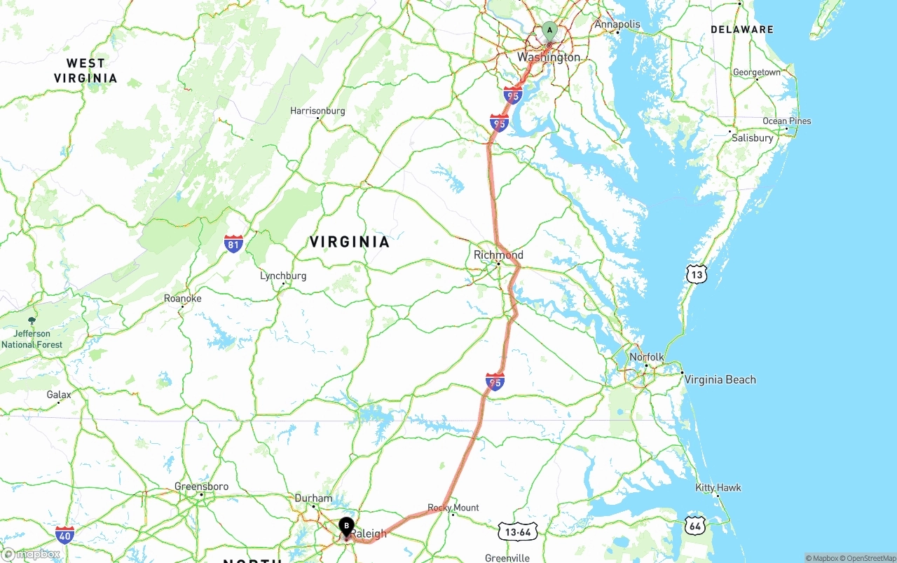 Shipping route from Washington D.C. to Raleigh