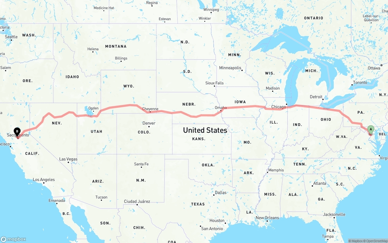 Shipping route from Washington D.C. to Sacramento International Airport