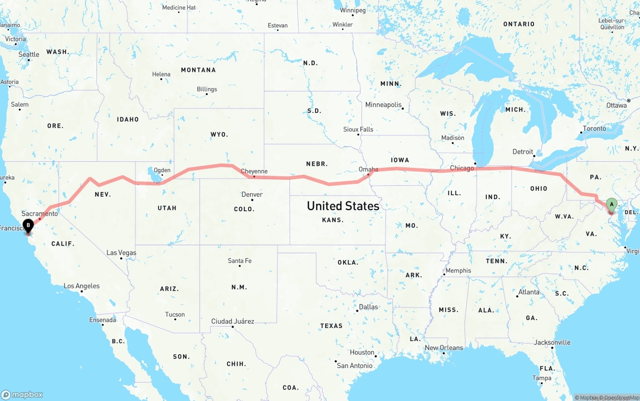 Shipping route from Washington D.C. to San Francisco International Airport
