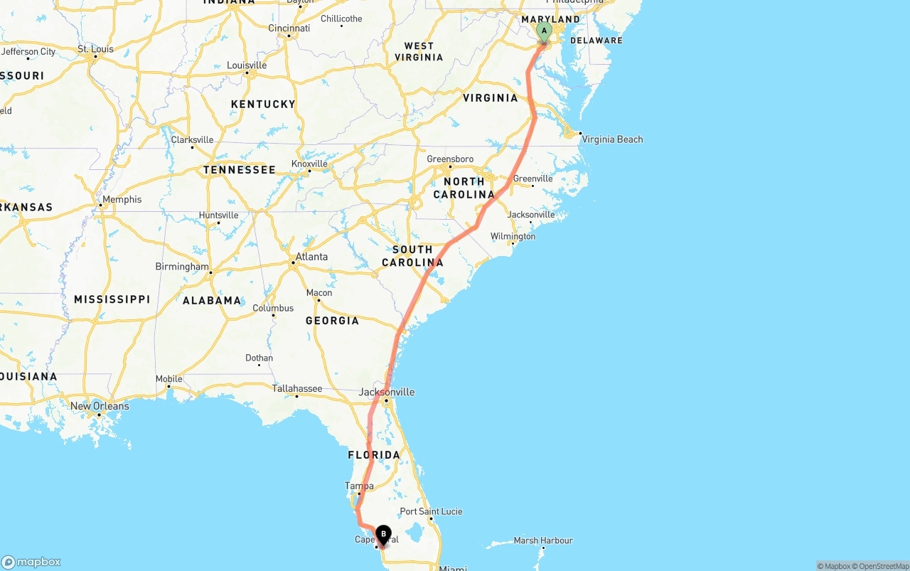 Shipping route from Washington D.C. to Southwest Florida International Airport