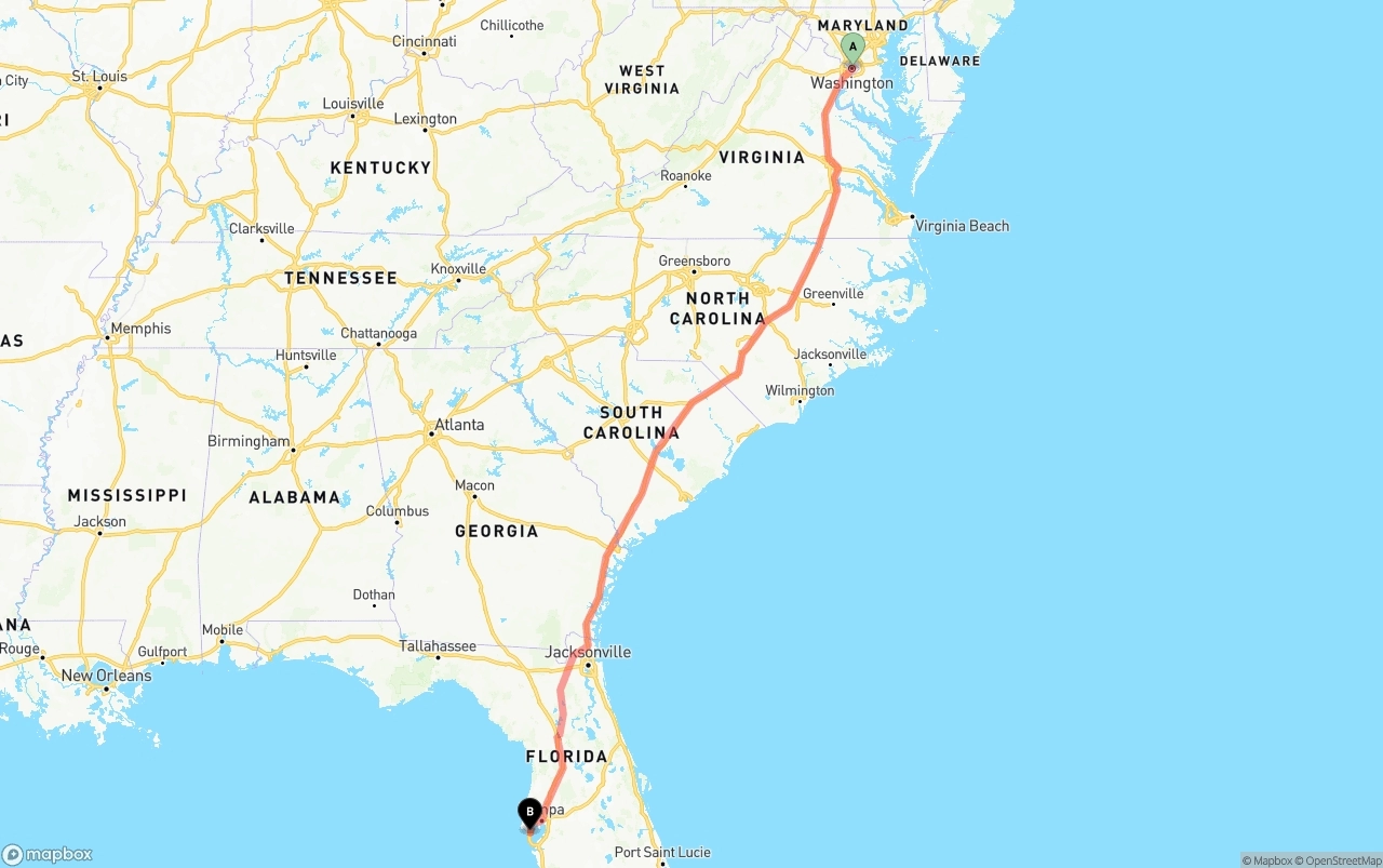 Shipping route from Washington D.C. to St. Petersburg