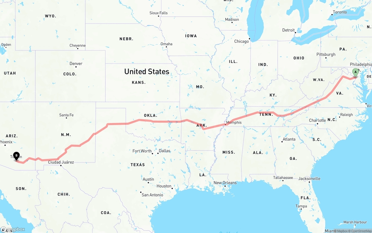 Shipping route from Washington D.C. to Tucson International Airport