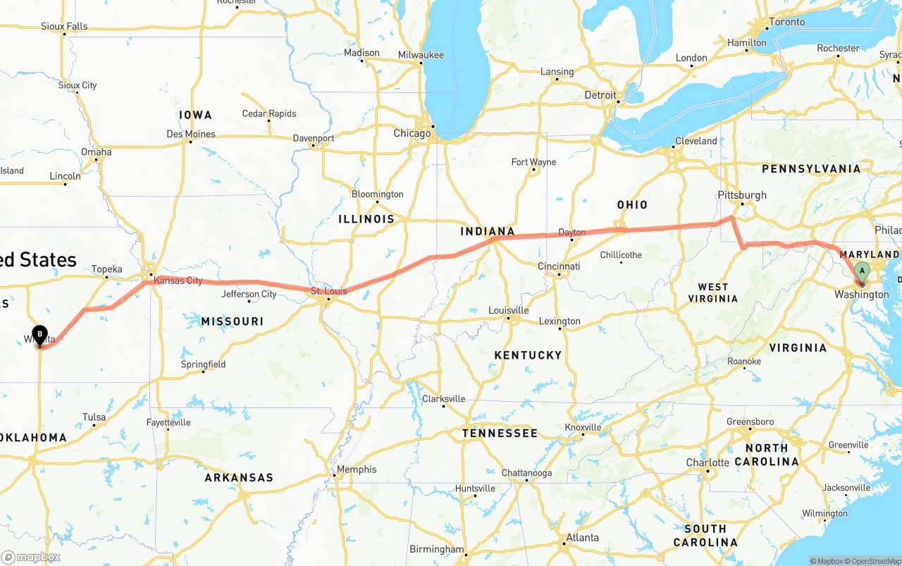 Shipping route from Washington D.C. to Wichita