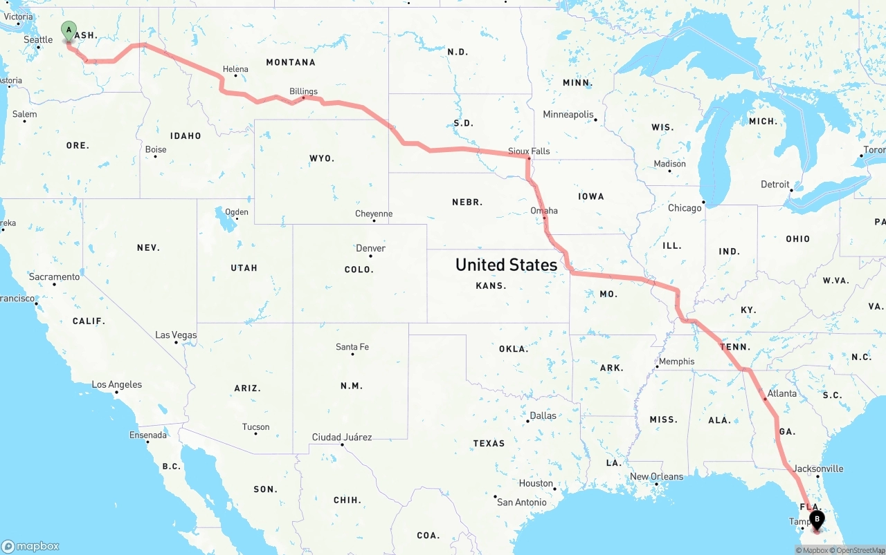 Shipping route from Washington to Florida
