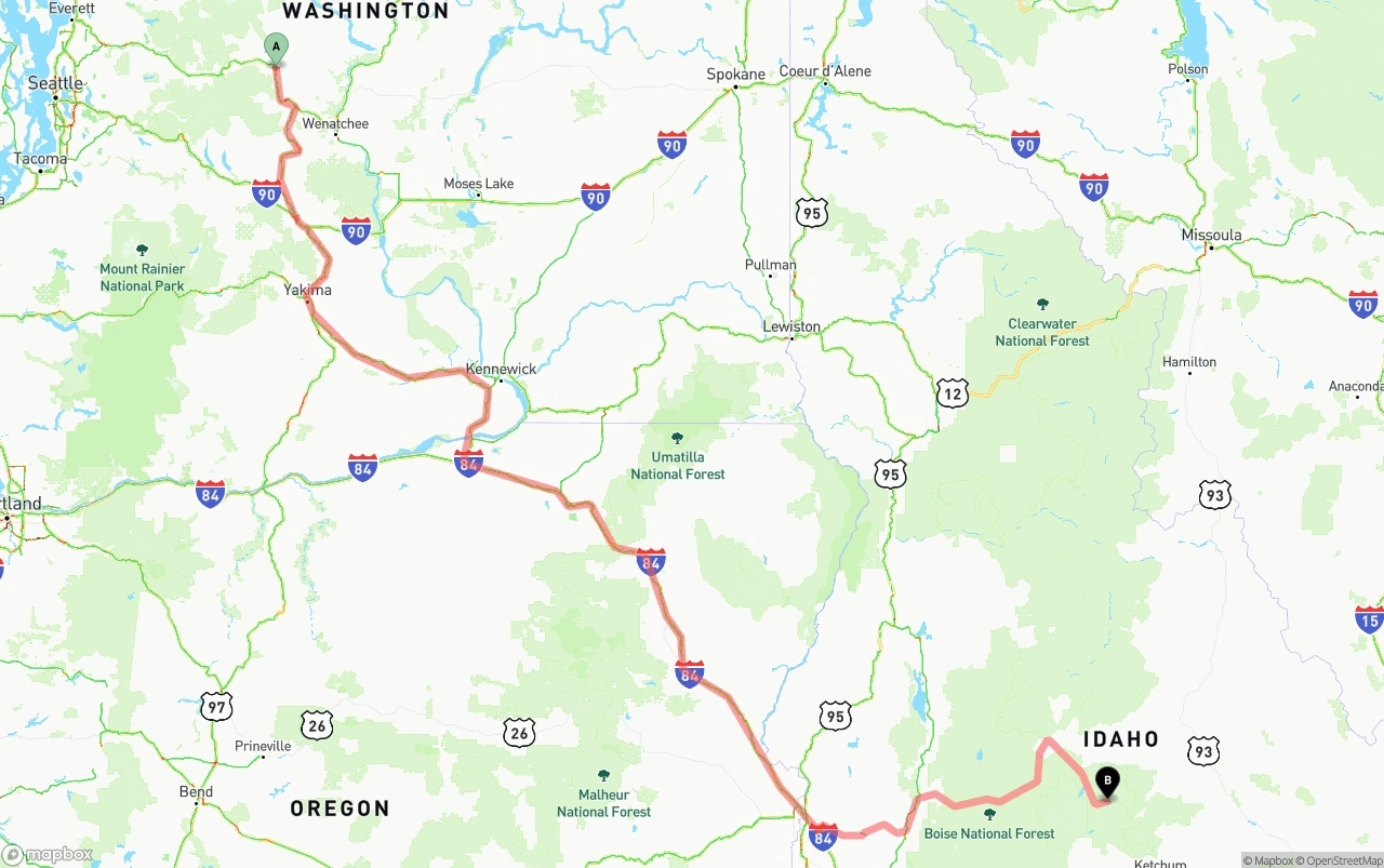 Shipping route from Washington to Idaho