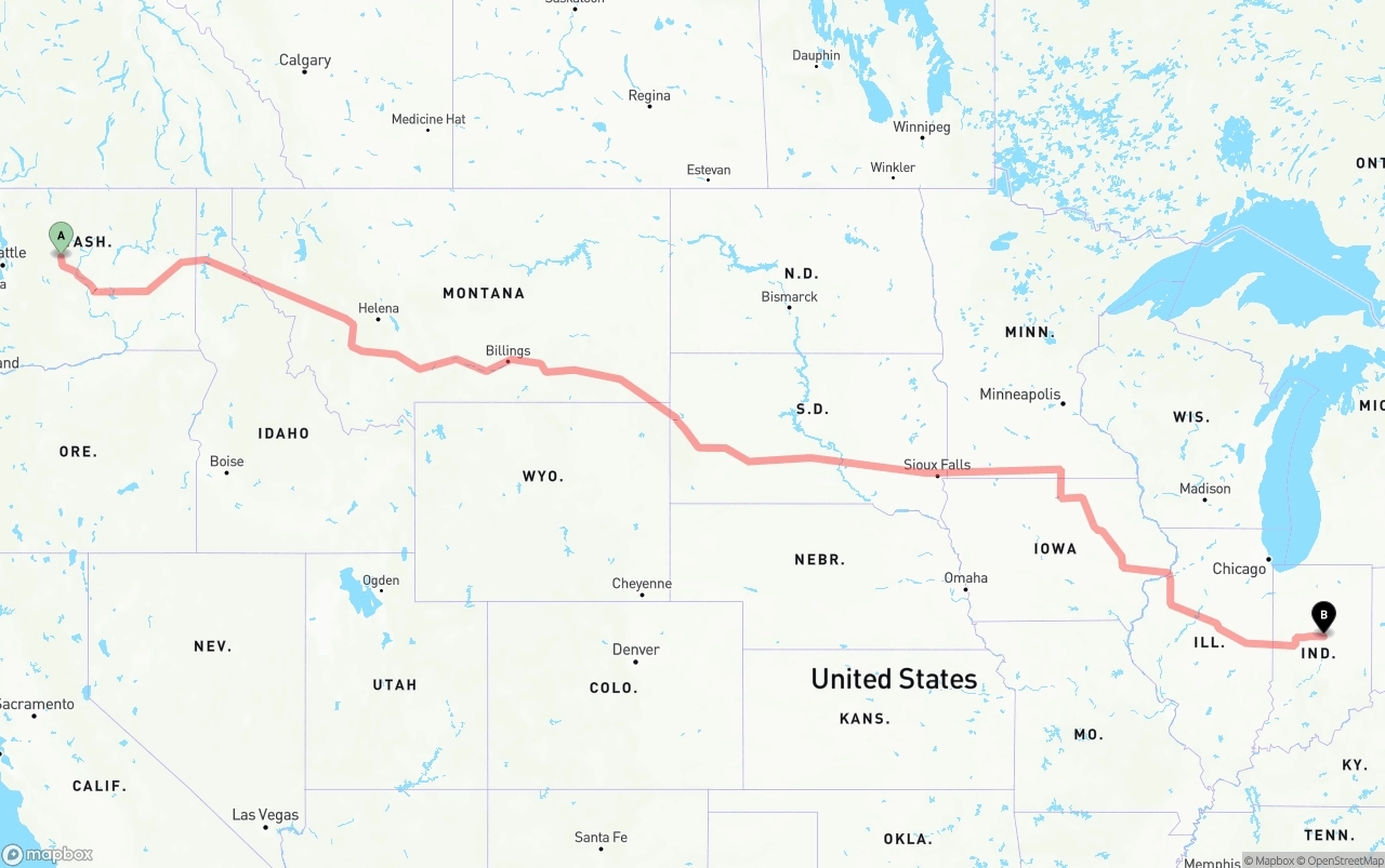 Shipping route from Washington to Indiana