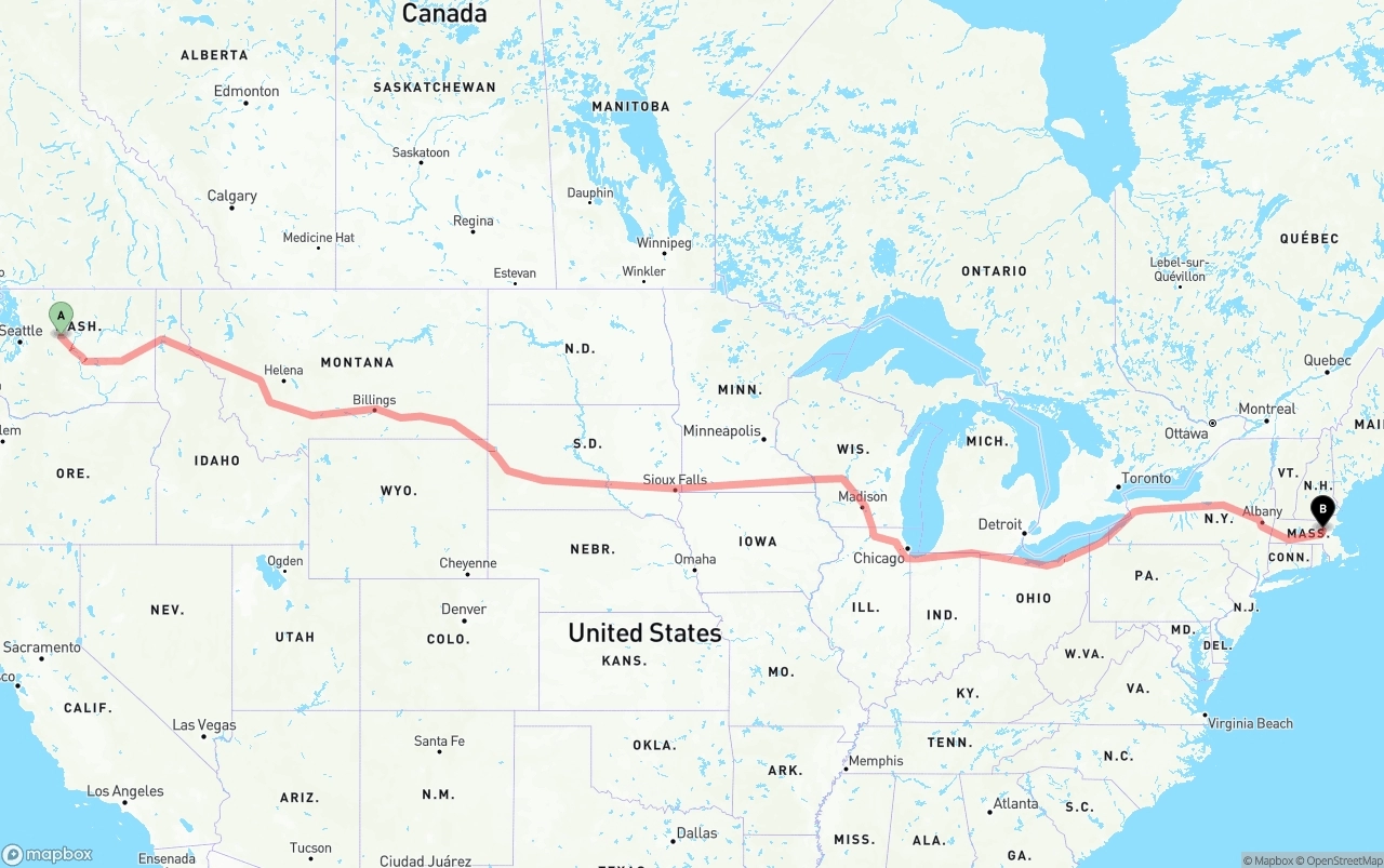 Shipping route from Washington to Massachusetts