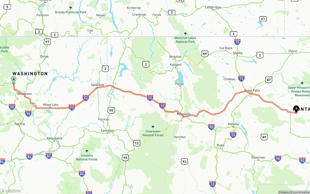Shipping route from Washington to Montana