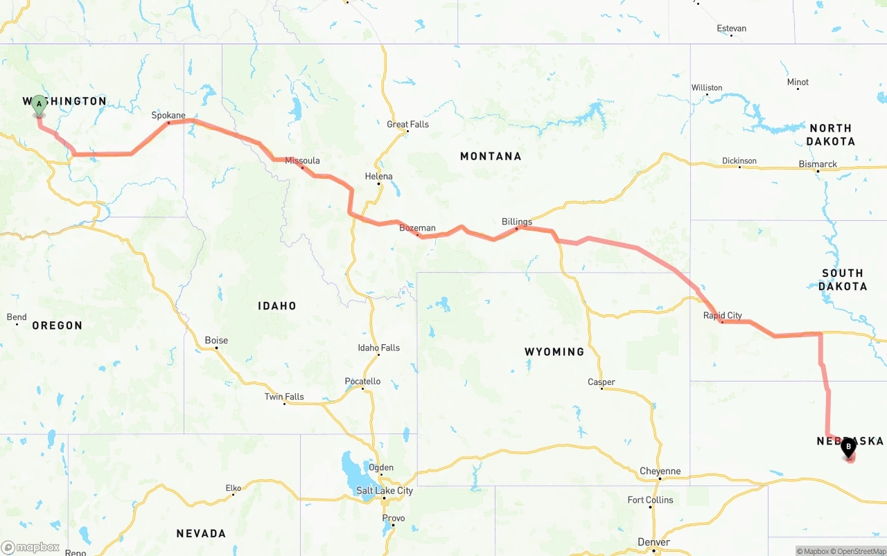 Shipping route from Washington to Nebraska