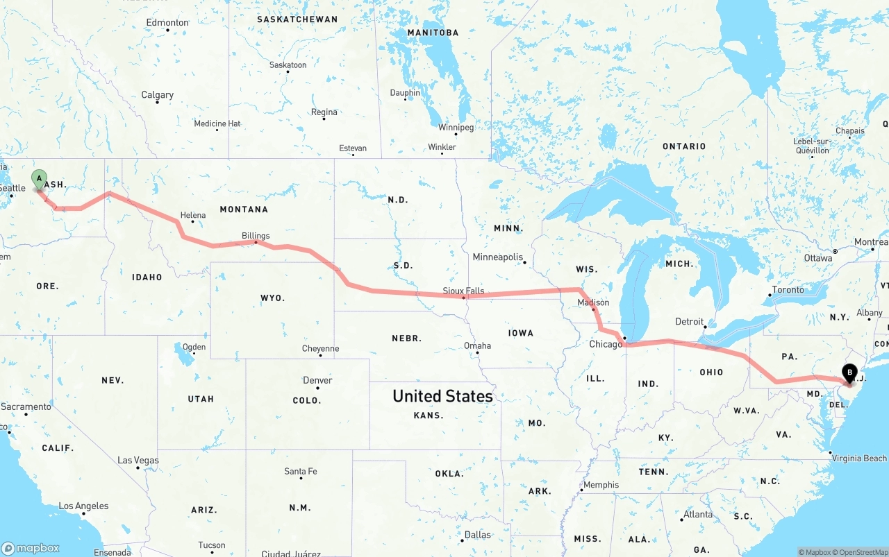 Shipping route from Washington to New Jersey