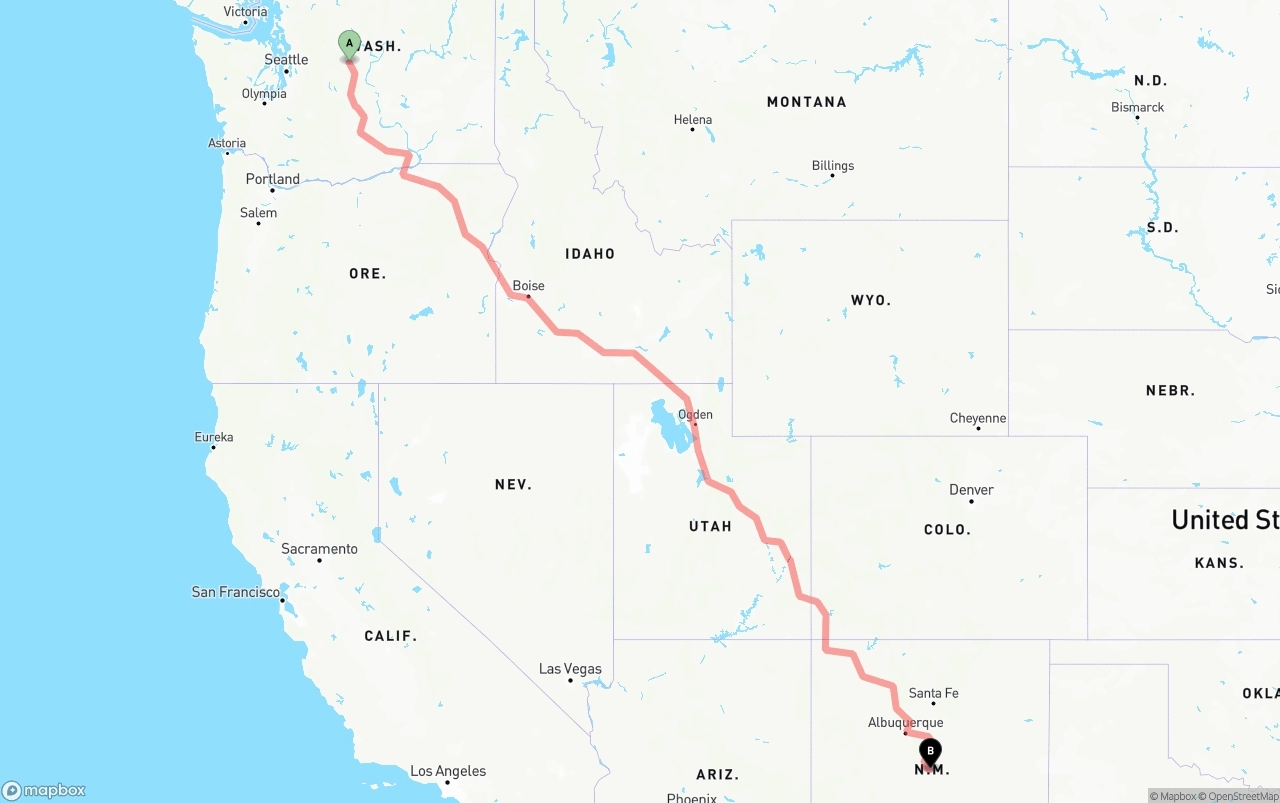 Shipping route from Washington to New Mexico