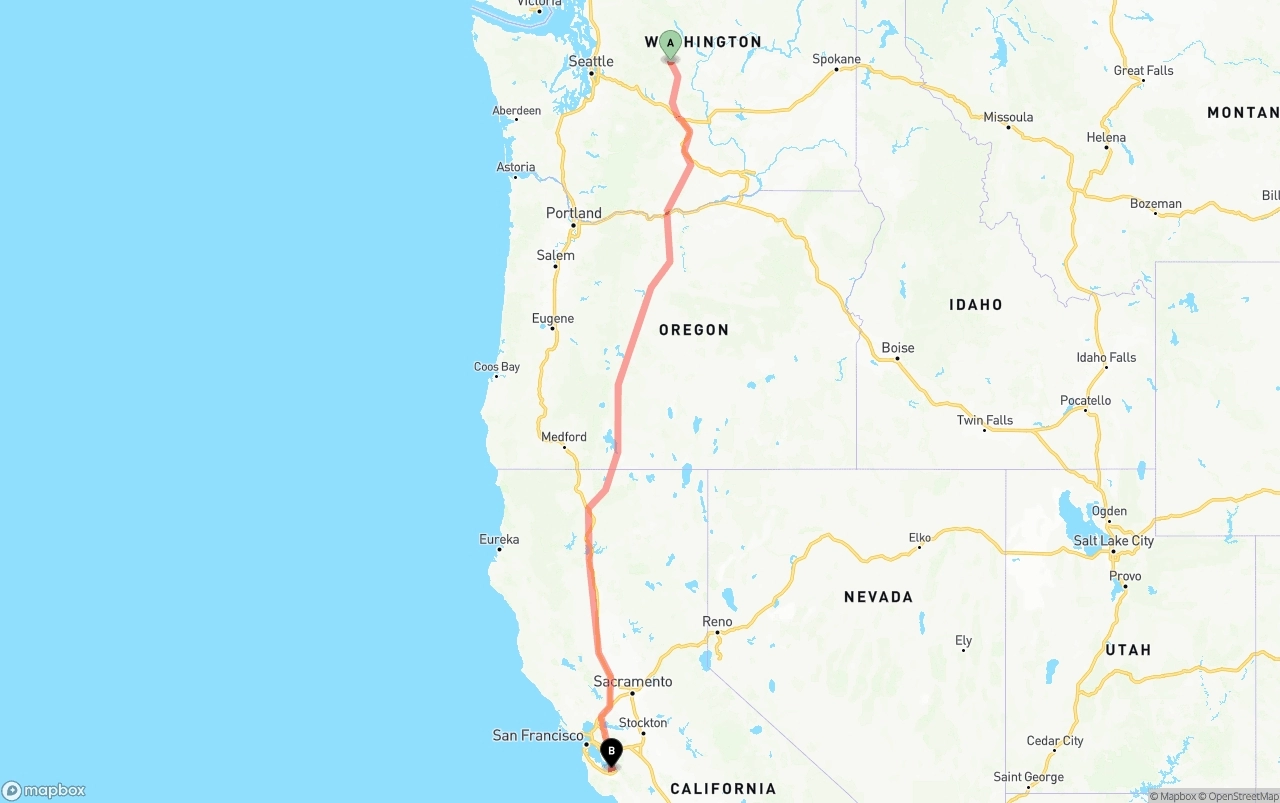 Shipping route from Washington to Norman Y. Mineta San Jose International Airport