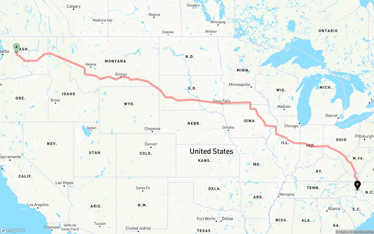 Shipping route from Washington to North Carolina