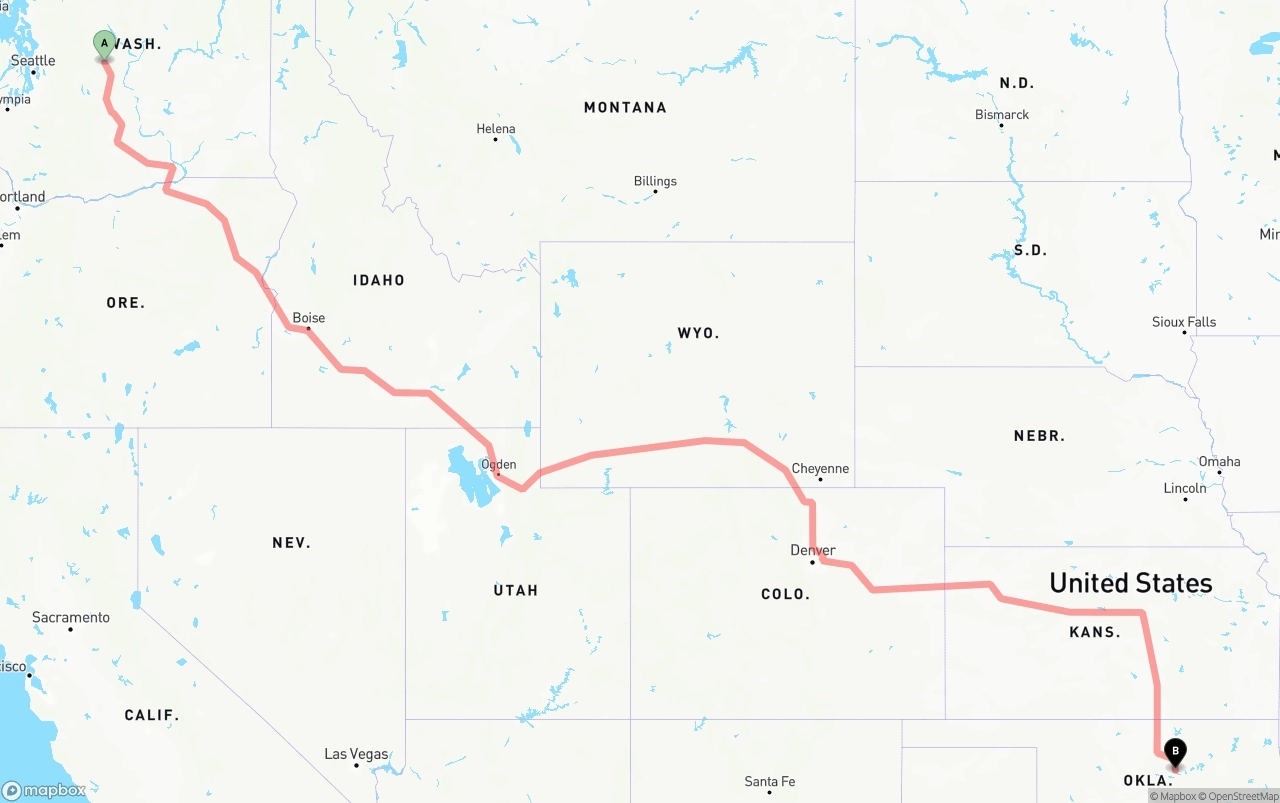 Shipping route from Washington to Oklahoma