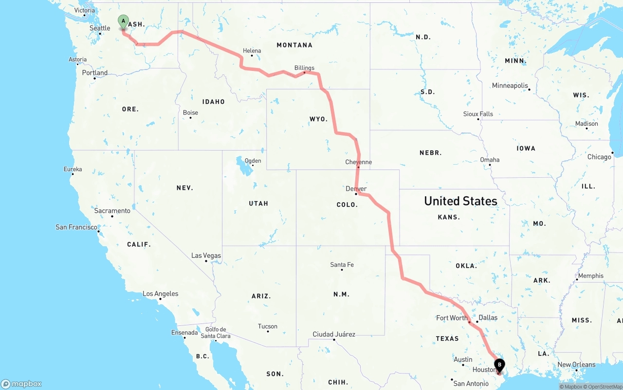 Shipping route from Washington to Port of Houston