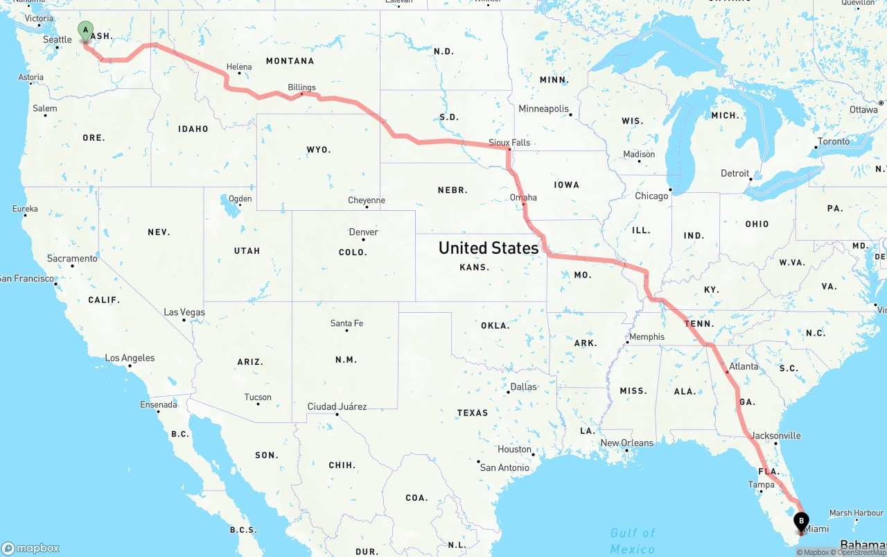 Shipping route from Washington to Port of Miami