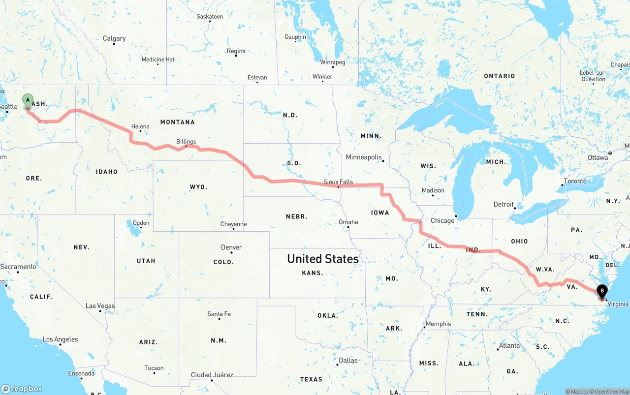 Shipping route from Washington to Port of Norfolk