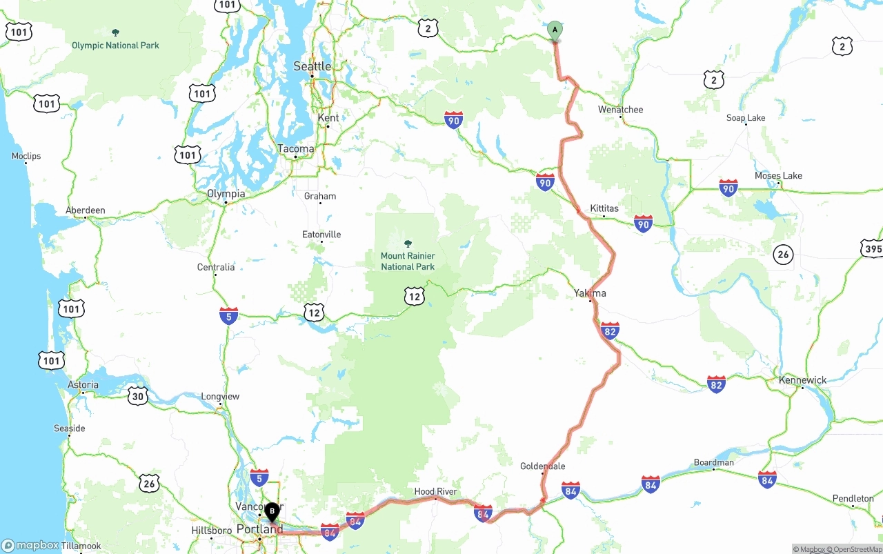 Shipping route from Washington to Portland International Airport