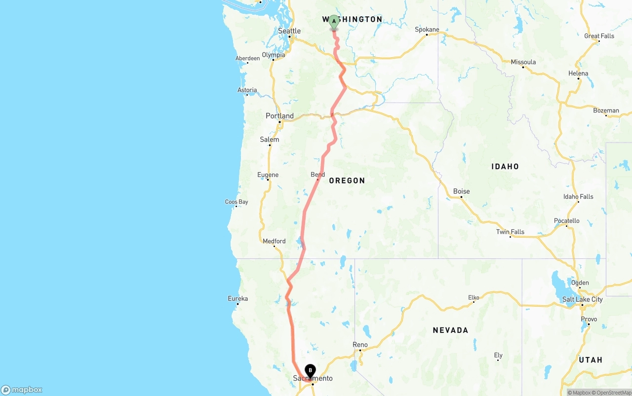Shipping route from Washington to Sacramento International Airport