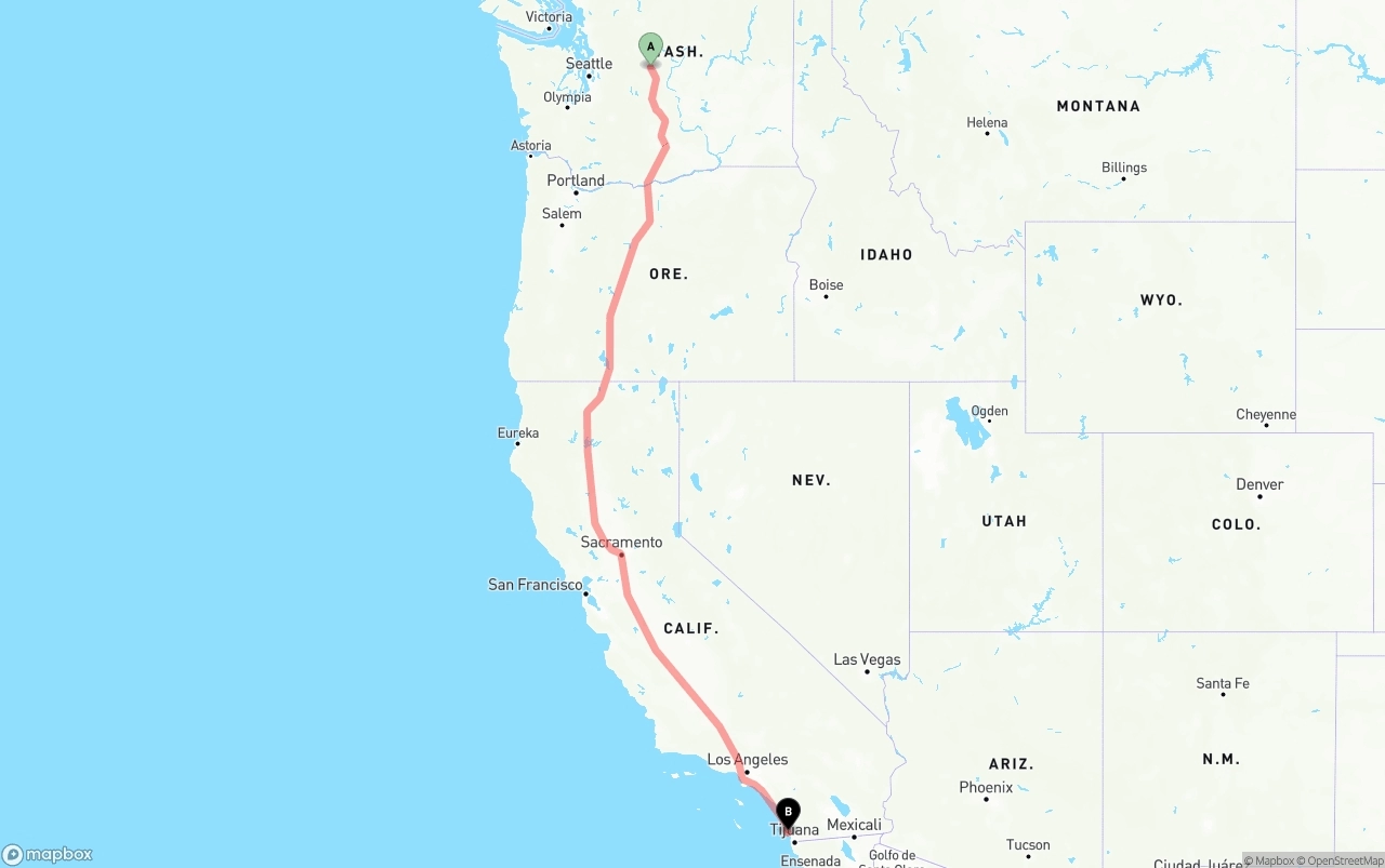 Shipping route from Washington to San Diego International Airport