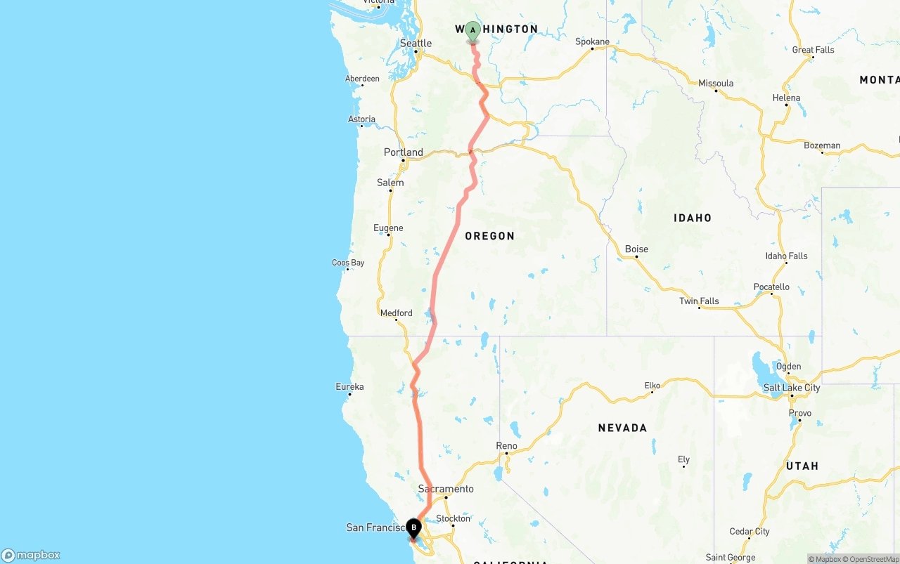 Shipping route from Washington to San Francisco International Airport