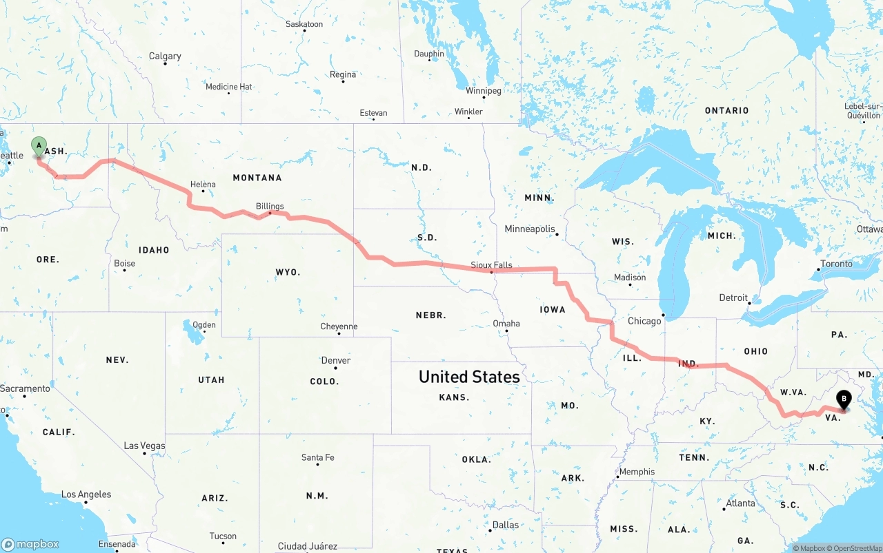 Shipping route from Washington to Virginia