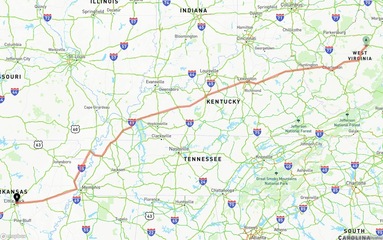 Shipping route from West Virginia to Arkansas