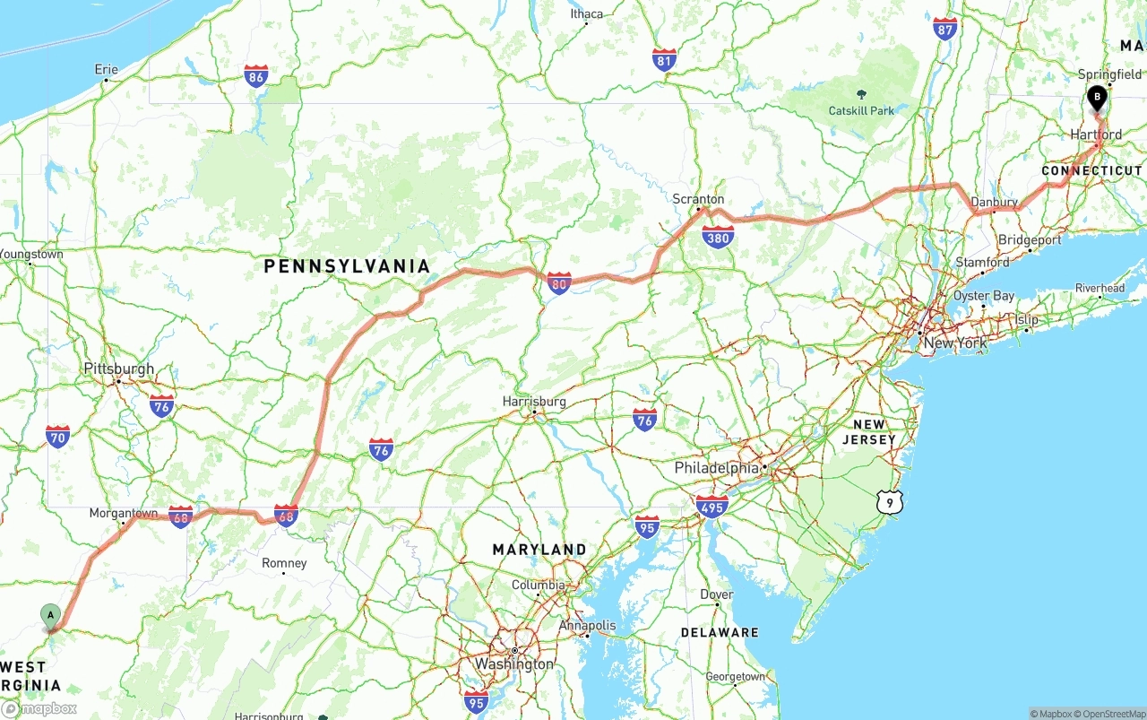 Shipping route from West Virginia to Bradley International Airport