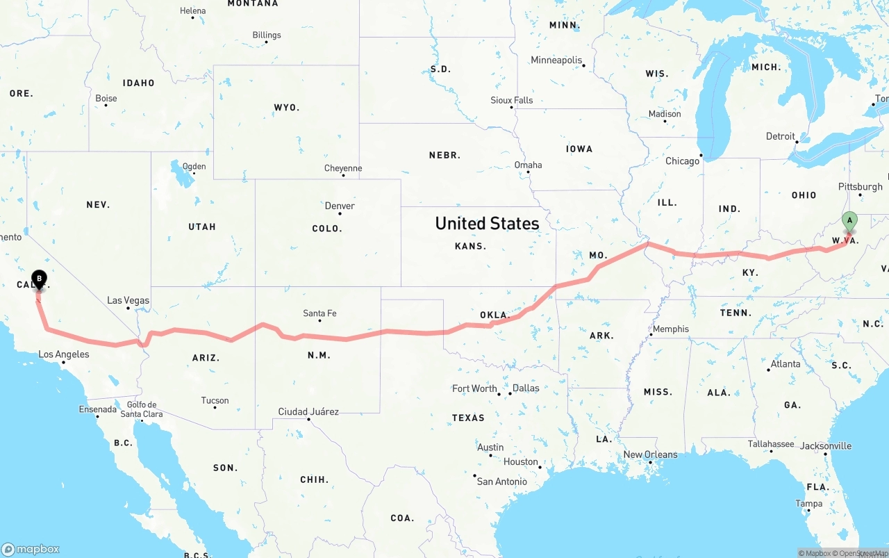 Shipping route from West Virginia to California