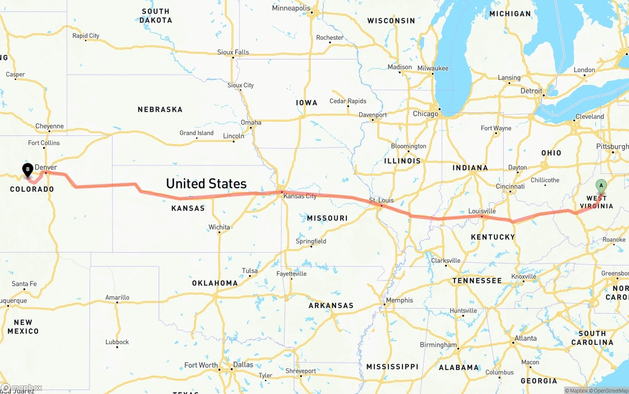 Shipping route from West Virginia to Colorado