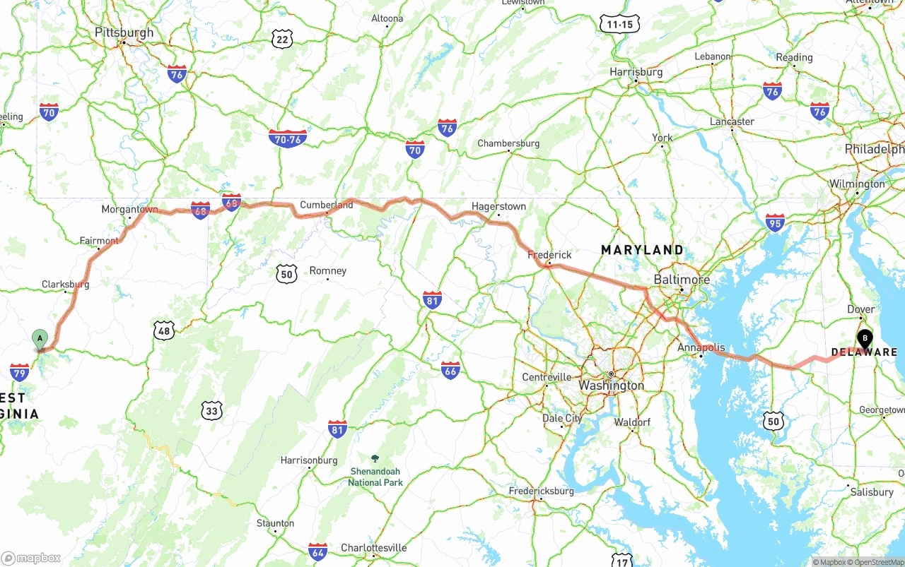 Shipping route from West Virginia to Delaware