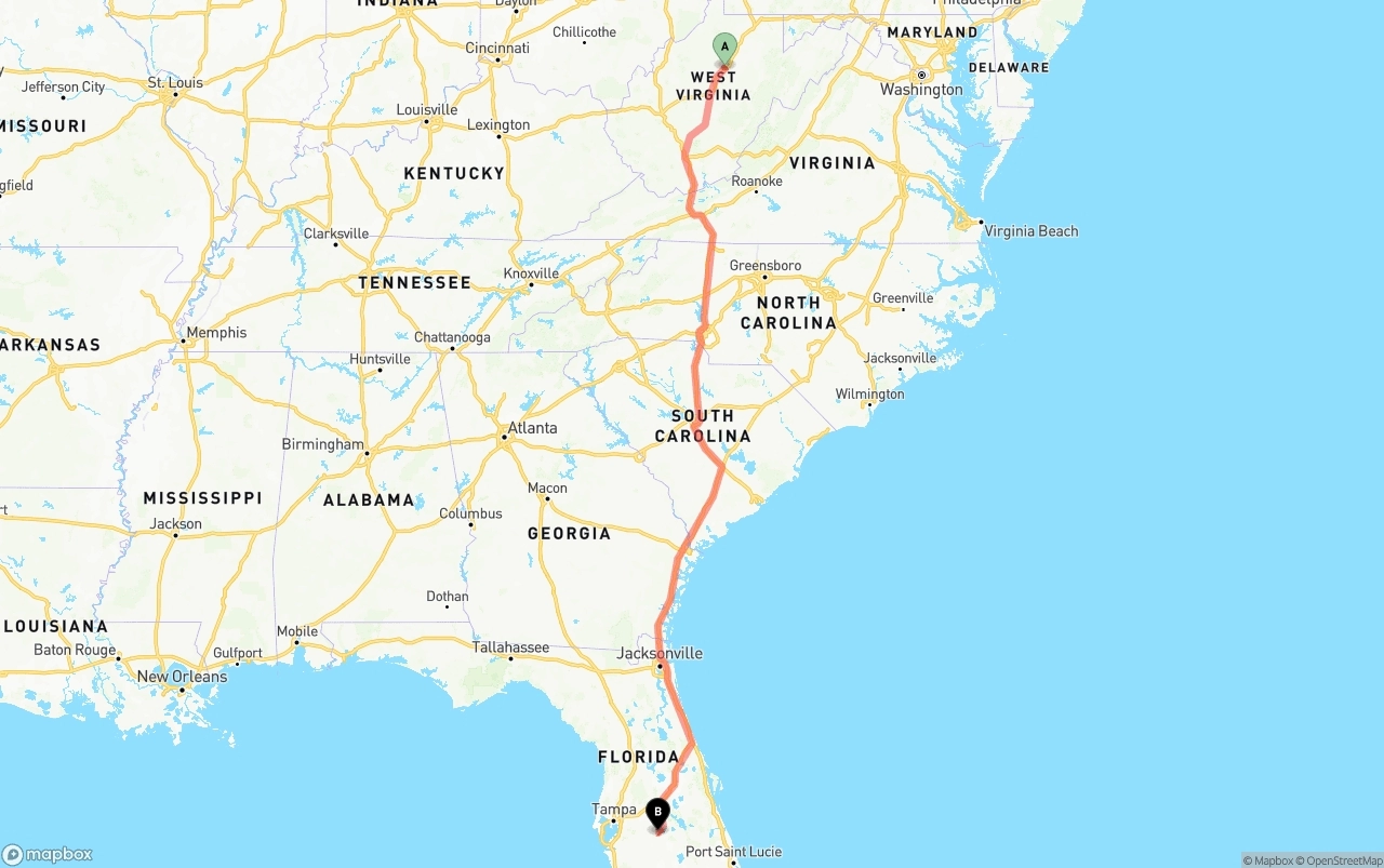 Shipping route from West Virginia to Florida