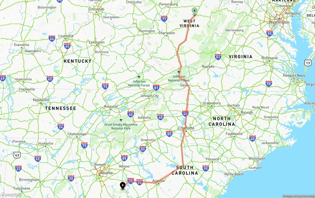 Shipping route from West Virginia to Georgia