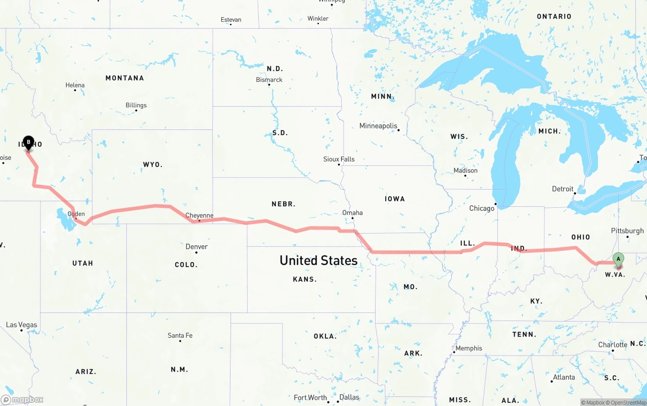 Shipping route from West Virginia to Idaho