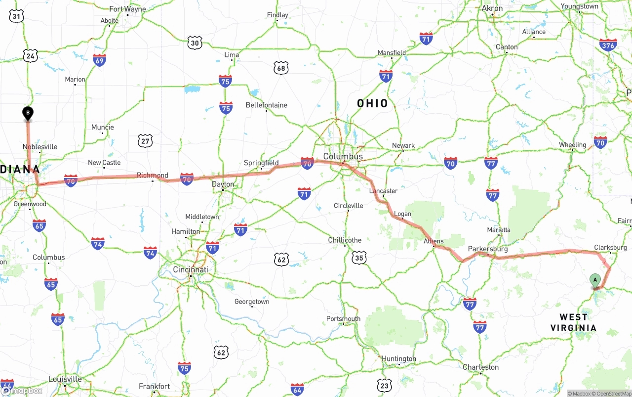 Shipping route from West Virginia to Indiana