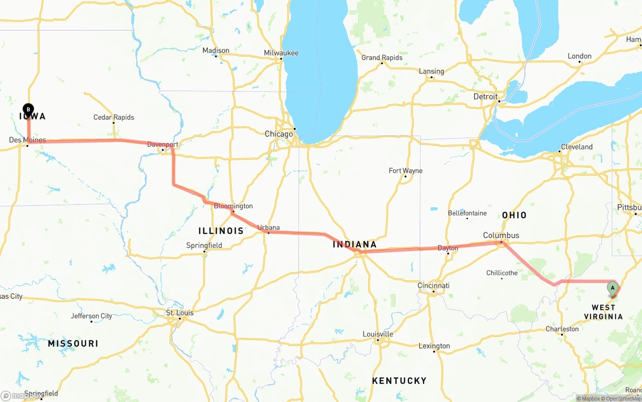 Shipping route from West Virginia to Iowa