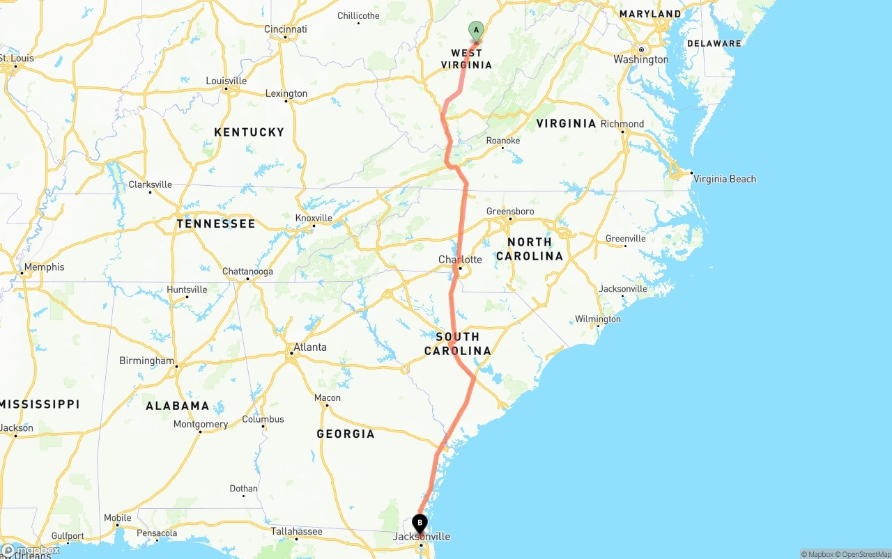 Shipping route from West Virginia to Jacksonville International Airport