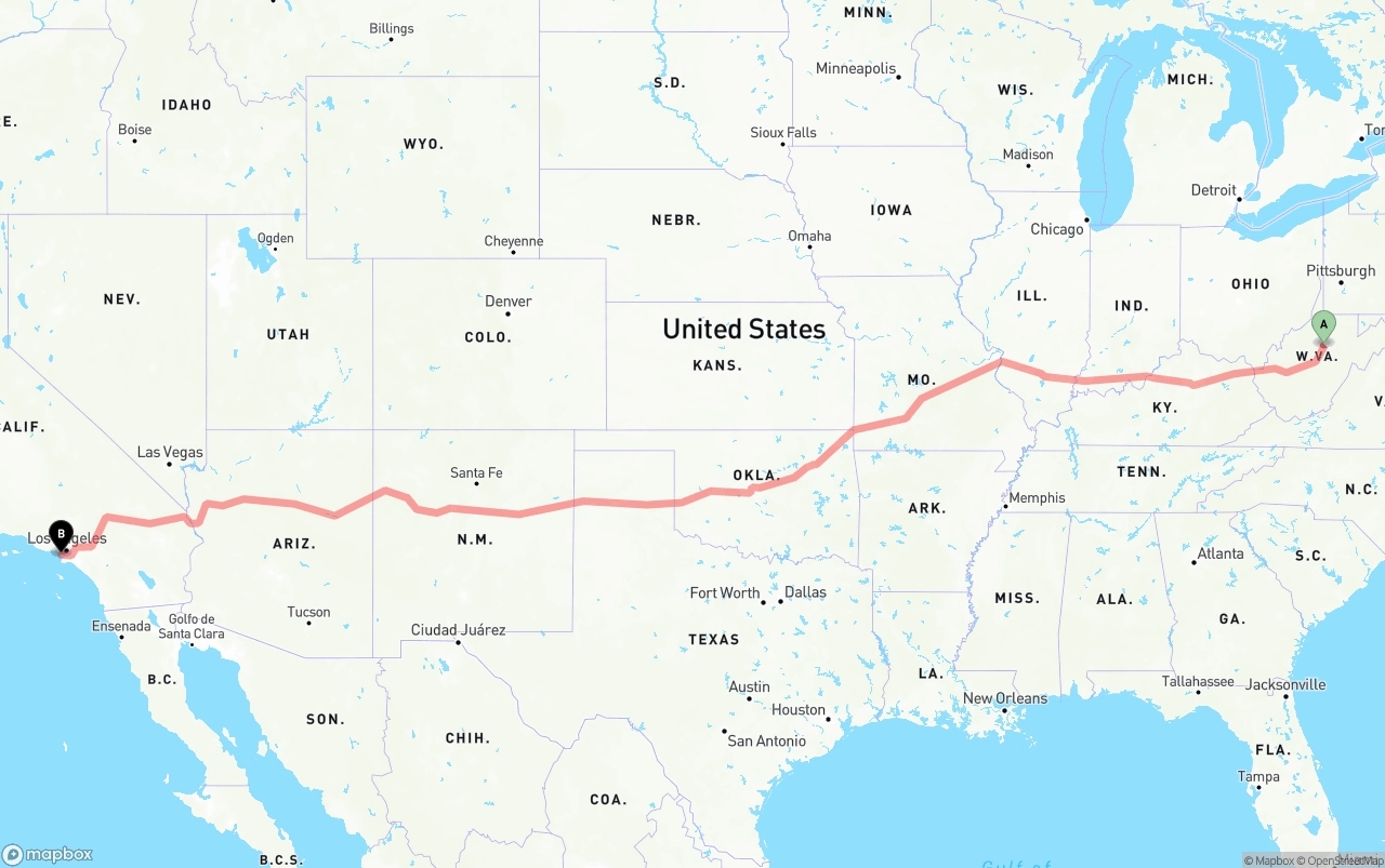 Shipping route from West Virginia to Los Angeles International Airport