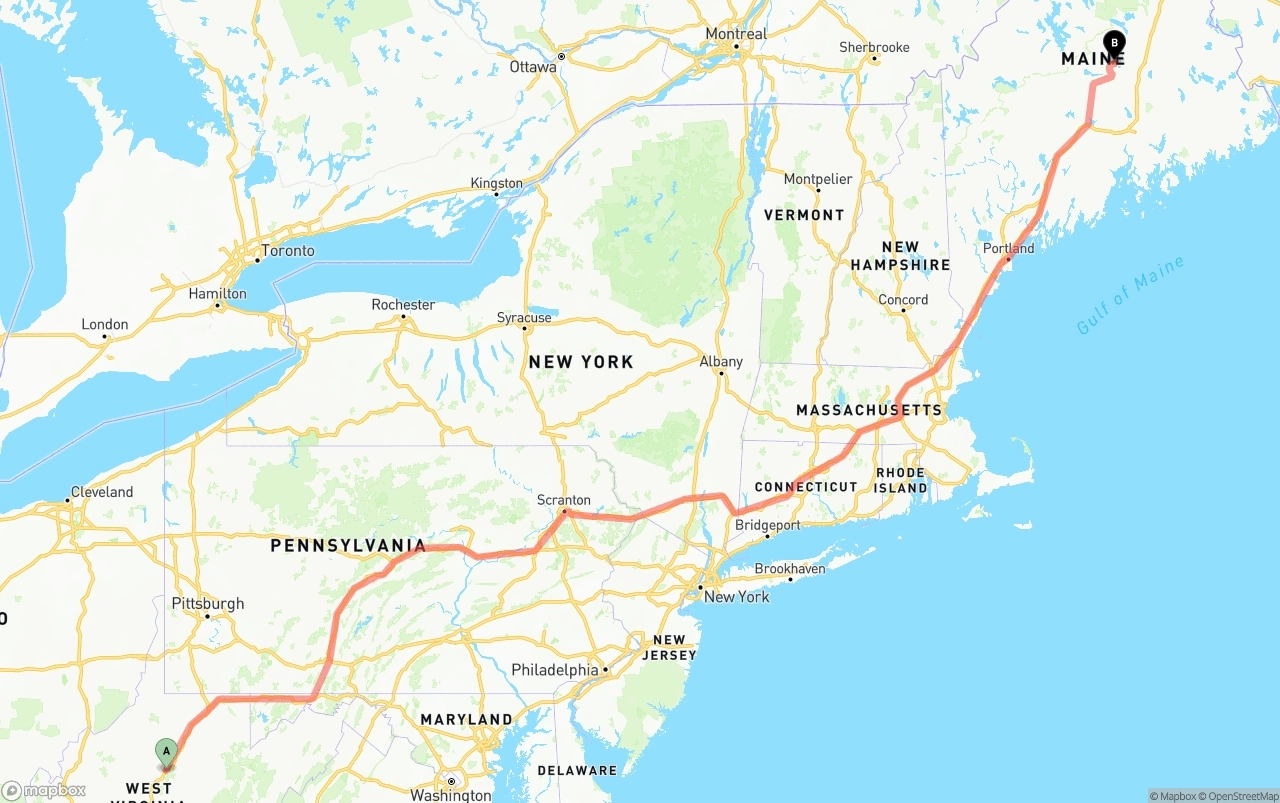 Shipping route from West Virginia to Maine