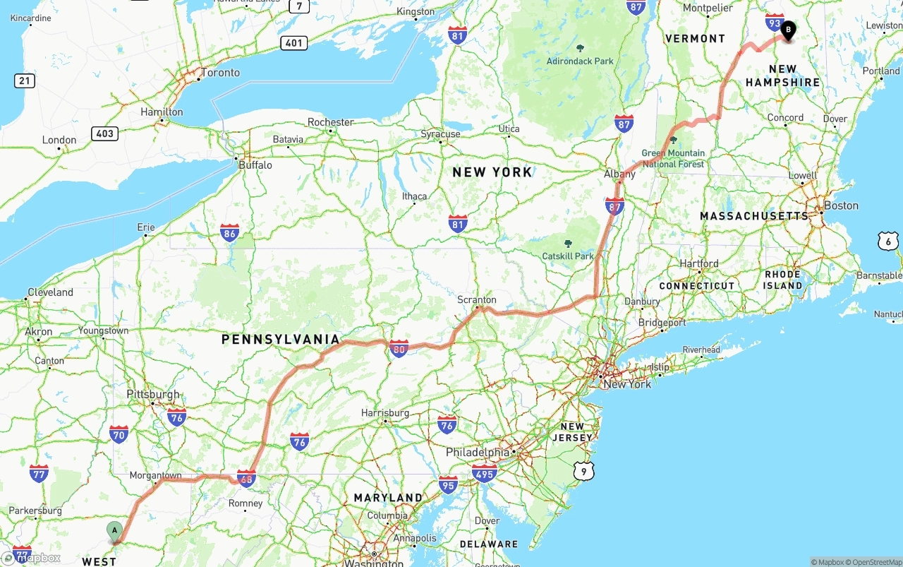 Shipping route from West Virginia to New Hampshire