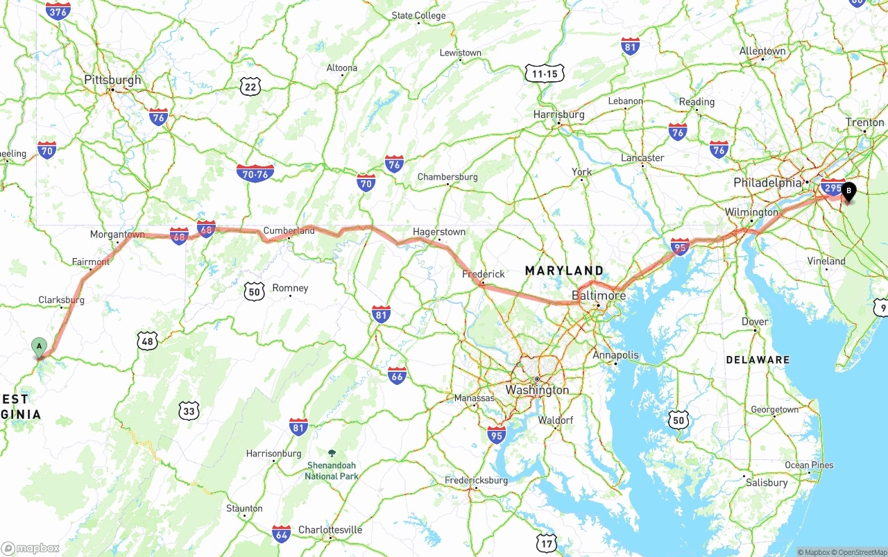 Shipping route from West Virginia to New Jersey
