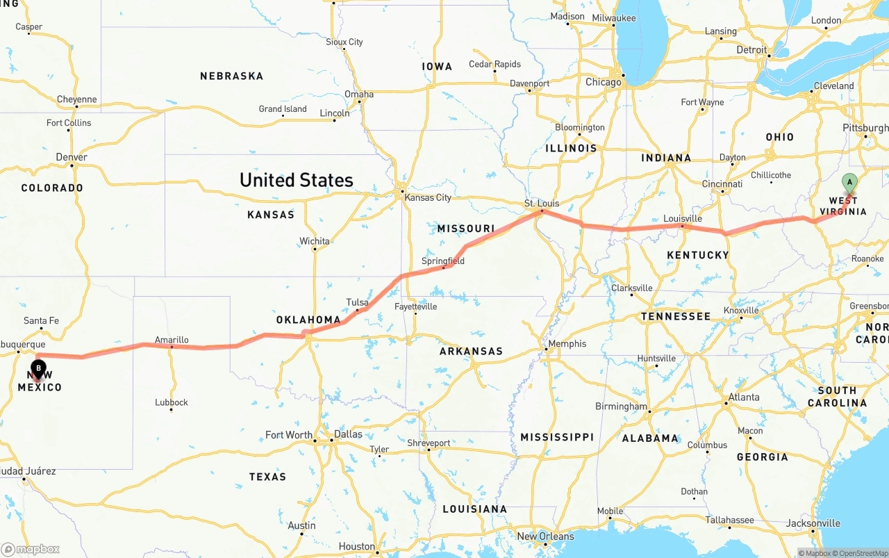 Shipping route from West Virginia to New Mexico