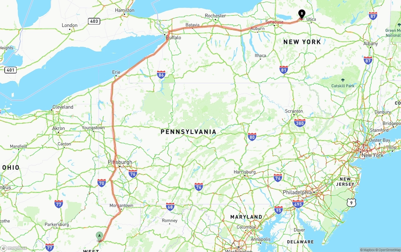 Shipping route from West Virginia to New York